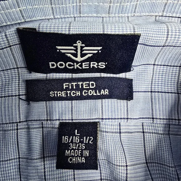 Dockers Mens Long Sleeve Blue‎ Plaid Button Down Dress Shirt Fitted Stretch Sz L - Picture 9 of 13